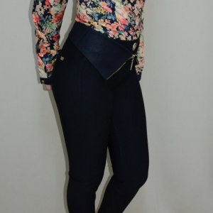Pantalon usor elastic, nuanta de bleumarin, talie inalta, fermoar - Img 3