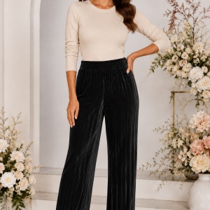 Pantaloni damă din catifea plisată neagră – croi drept, talie elastică