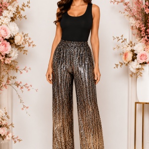 Pantaloni eleganți de damă cu paiete aurii și argintii, croială largă și talie elastică