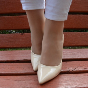 Pantof casual tip stiletto cu toc gros, inalt, de culoare bej simplu - Img 4