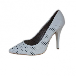 Pantofi albi din piele naturala, perforati, cu toc elegant inalt - Img 1