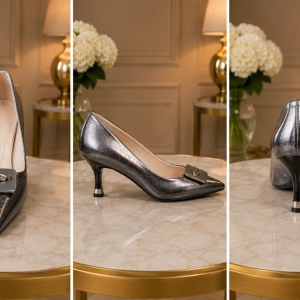 Pantofi eleganti , nuanta de argintiu ,cu toc ,brosa