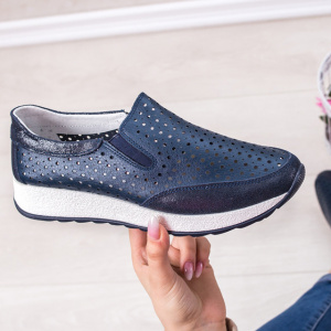 Pantofi sport damă bleumarin din piele naturală cu perforații și talpă groasă - Img 4