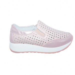 Pantofi sport damă roz din piele naturală cu perforații și talpă groasă