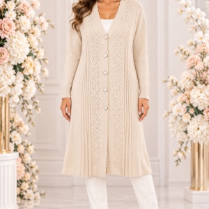 Poncho Damă Lungă Crem din Lână și Acrilic – Model Tricotat Elegant cu Nasturi si cristale fine - Img 2