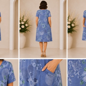 Rochie Albastră cu Imprimeu Floral – Croială Lejeră și Buzunare Laterale - Img 2