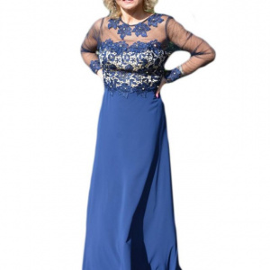 Rochie albastra de seara, model lung cu broderie florala cu strasuri - Img 1