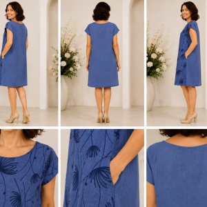 Rochie Albastră din In 100% cu Imprimeu Floral și Buzunare Laterale – Croială Lejeră - Img 2