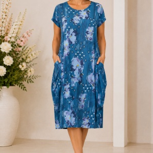 Rochie Albastru Petrol cu Imprimeu Floral – Croială Lejeră și Buzunare
