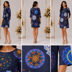 Rochie bleumarin cu imprimeu multicolor tip mandala - Img 2