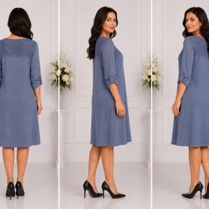Rochie casual Leylla din tricot cu insertii de broderie ,nuanta de albastru - Img 2