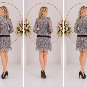Rochie casual, moderna, imprimeu floral marunt, negru-pudra - Img 2