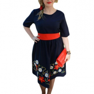 Rochie casual, nuanta bleumarin, maneca scurta, decolteu mic - Img 1