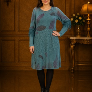 Rochie chic de dama cu croi lejer si maneca lunga, nuanta turcoaz