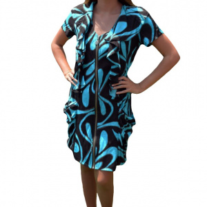 Rochie comoda cu maneca scurta, imprimeu negru-albastru
