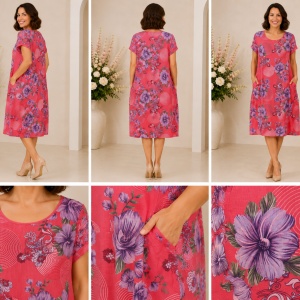 Rochie Coral cu Imprimeu Floral – Bumbac 95%, Croială Lejeră și Buzunare - Img 2
