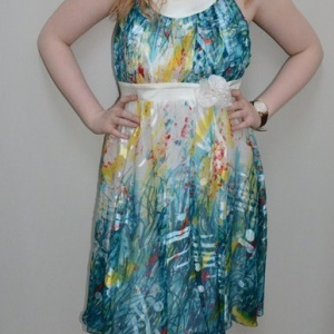 Rochie cu design abstract, nuanta de turcoaz, bretele late - Img 2