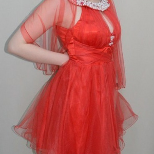 Rochie cu guler din margele, nuanta de rosu, bretele chic - Img 3