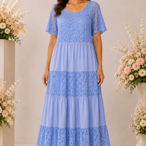 Rochie damă bleu cu dantelă și croială în volane