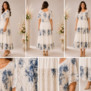 Rochie damă crem cu imprimeu floral albastru și croială în volane - Img 2