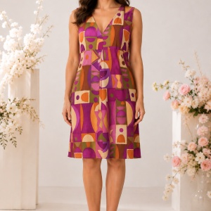Rochie damă cu imprimeu geometric multicolor și decolteu în V