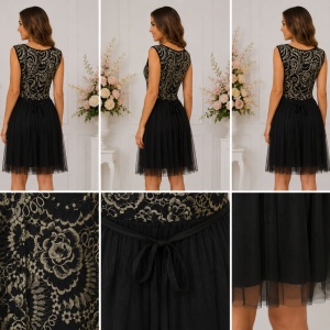 Rochie damă elegantă cu dantelă florală și fustă din tul, negru-auriu - Img 2
