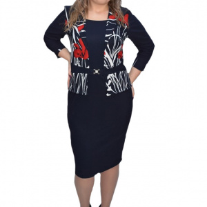Rochie dama Herna  cu imprimeu painted si accesoriu,bleumarin - Img 1