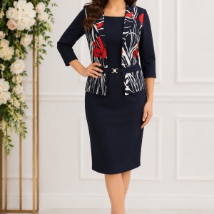 Rochie dama Herna cu imprimeu painted si accesoriu,bleumarin