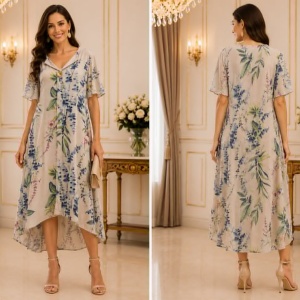 Rochie damă lejeră nisipiu cu imprimeu floral și croială vaporoasă