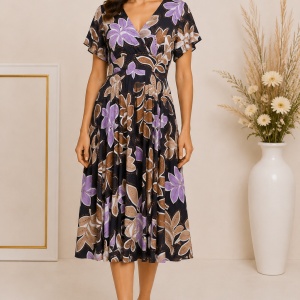 Rochie damă neagră cu imprimeu floral lila și maro – Croială elegantă cu talie evidențiată