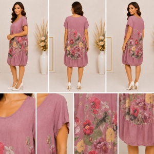 Rochie damă roz pudrat cu imprimeu floral – Bumbac elastic, croială lejeră - Img 2