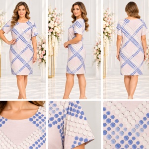 Rochie damă roz pudrat cu imprimeu geometric albastru - Img 2