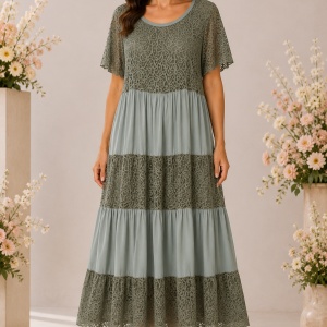 Rochie damă verde salvie cu dantelă și croială în volane