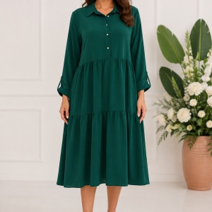 Rochie damă verde smarald midi, cu croială lejeră și volane