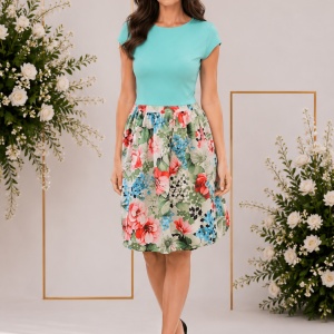 Rochie de culoare turcoaz, formata din doua piese, cu imprimeu