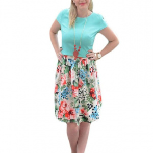 Rochie de culoare turcoaz, formata din doua piese, cu imprimeu - Img 1