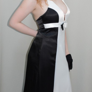 Rochie de gala bicolora, negru-alb, saten fin, bretele dupa gat - Img 3