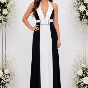 Rochie de gala bicolora, negru-alb, saten fin, bretele dupa gat
