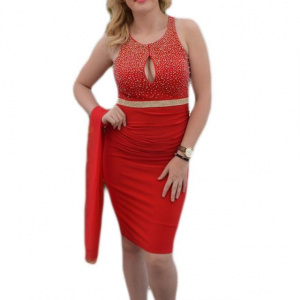 Rochie de gala rosie decorata cu strasuri si margele aurii - Img 1