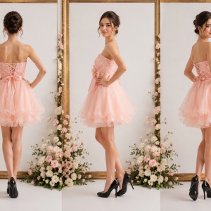 Rochie de gala scurta de culoare roz, cu model de paiete sus - Img 2