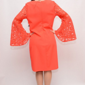 Rochie de ocazie in nuanta de corai, material elastic si dantela - Img 3