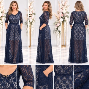 Rochie de ocazie lunga, cu captuseala scurta si dantela bleumarin - Img 2