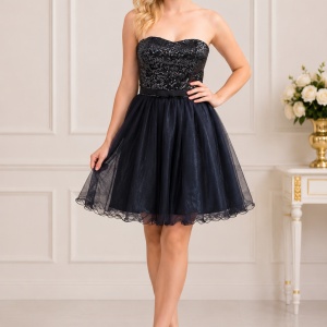 Rochie de ocazie, neagra, din tul si paiete cu bretele detasabile