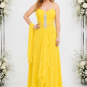 Rochie de ocazie, nuanta galbena, design de volanase in fata