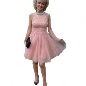 Rochie de ocazie tip baby-doll, nuanta piersica, cu tul simplu - Img 1