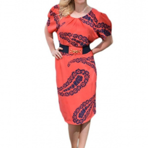 Rochie de primavara-vara cu decolteu rotund, corai, curea in talie - Img 1