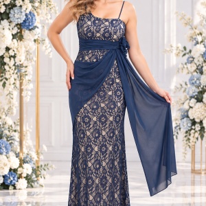 Rochie de seara chic, lunga, cu parti din dantela rafinata, pe bleumarin