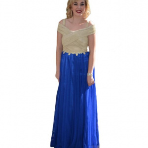 Rochie de seara din tul albastru si tesatura aurie cu fronseuri - Img 1