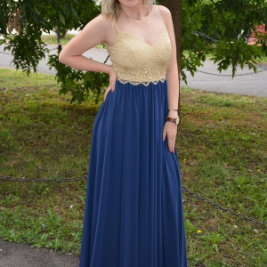 Rochie de seara lunga, aurie cu bleumarin, model superb - Img 4