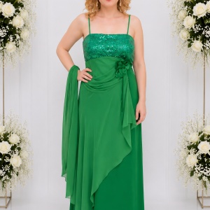 Rochie de seara lunga, de nuanta verde, design modern, din saten si voal